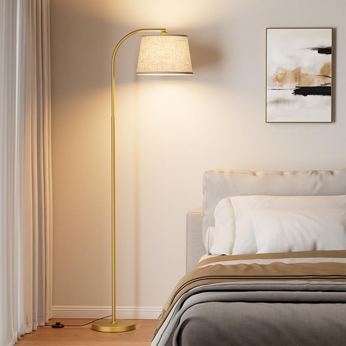 Karjoefar 64" 3 Color Dimmable Gold Arc Floor Standing Lamp with Remote | Floor Lamp with Adjustable Linen Shade, 350° H & 180° V Rotation, 9W Bulb, Floor Lamps for Living Room, Bedroom & Office