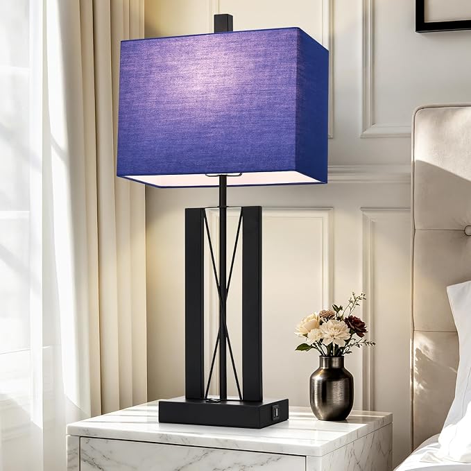 Lolikit 25" Table Lamps for Living Room Set of 2, Bedside Lamps for Bedroom | 2 USB Charging Ports,Blue and Black,Geometric Industrial Contemporary,2 LED Bulbs Shade Included,Nightstand,End Table