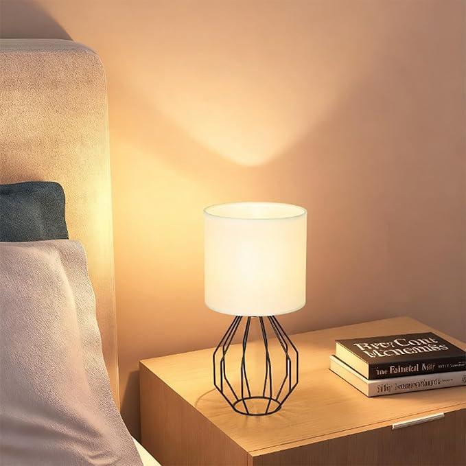 Small Table Lamp Set of 2 Black, Small Bedside Lamps, Cute Desk Lamps with Metal Cage & Linen Lampshade, Nightstand Lamps for Bedroom, Living Room, Kids Room, Office