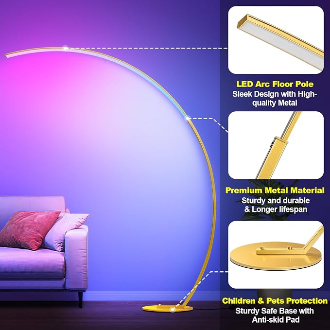 RGB Floor Lamp with 3 Color Temperatures, Ultra Bright 1800LM Smart Arc LED Floor Lamp with Remote Control, Music Sync, Scene Modes, Modern Standing Tall Lamp for Bedroom Living Room Gaming Rooms-Gold