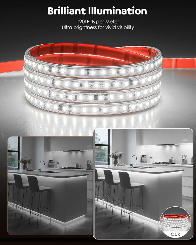 Aclorol 120V LED Strip Lights 6FT Flexible Outdoor Lighting Waterproof IP65 Cold White 6000K 120LEDs/M Bright LED Strip Lights 110V Plug in for Bedroom Patio Backyards Outside Deck Lighting Projects