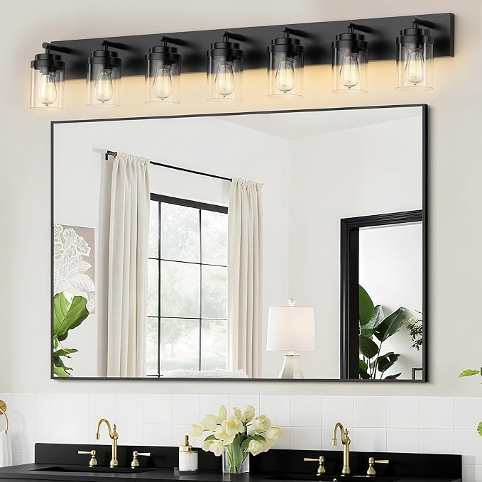 IZORRO Bathroom Vanity Light Fixture, 7-Light 52 inch Matte Black Bathroom Light Fixtures Over Mirror, with Clear Glass Shade, Modern Farmhouse Vanity Lights, Rustic Restroom Lighting Fixtures