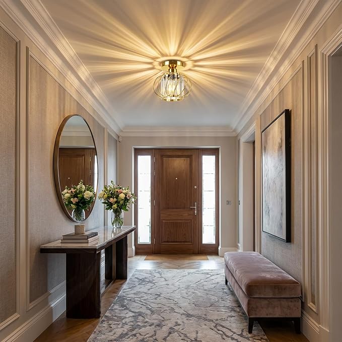 FRIDEKO HOME Gold Crystal Ceiling Light Fixture - Crystal Chandelier Small Semi Flush Mount Ceiling Light Modern Lights Ceiling Mount for Hallway Kitchen Entryway Bedroom Bathroom (2 Pack, 7.48 Inch)