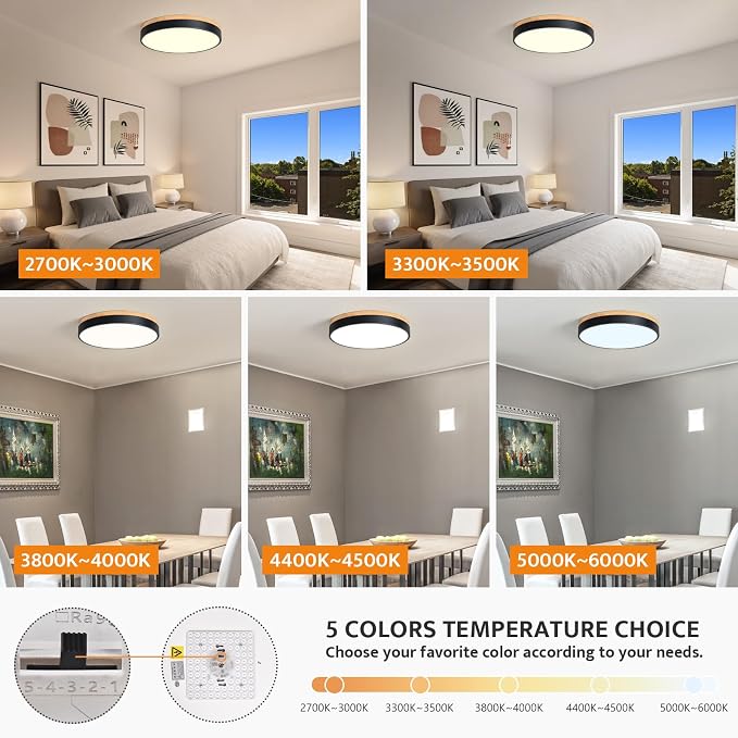 Yiisem Dimmable Wood LED Flush Mount Ceiling Light, Black, 15.8 in | 5CCT 2700K-6000K Modern Close to Ceiling Lighting Fixtures, Round Ceiling Lamp for Living Room, Bedroom, Laundry Room
