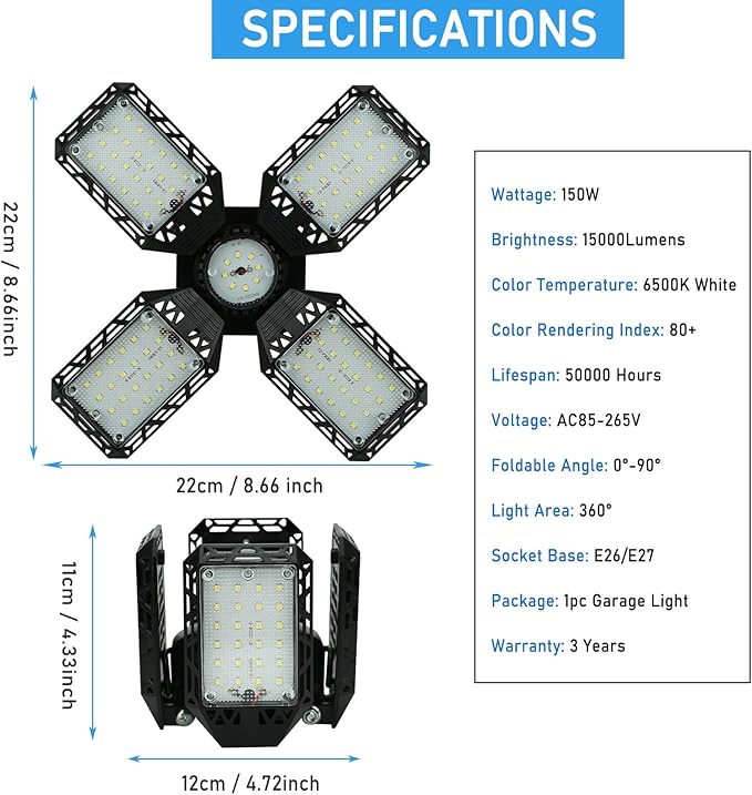 2-Pack LED Garage Light, 150W Deformable LED Ceiling Lights, 15000LM Garage Lighting with 4 Adjustable Panels, E26/E27 Shop Lights for Basement, Workshop, Attic