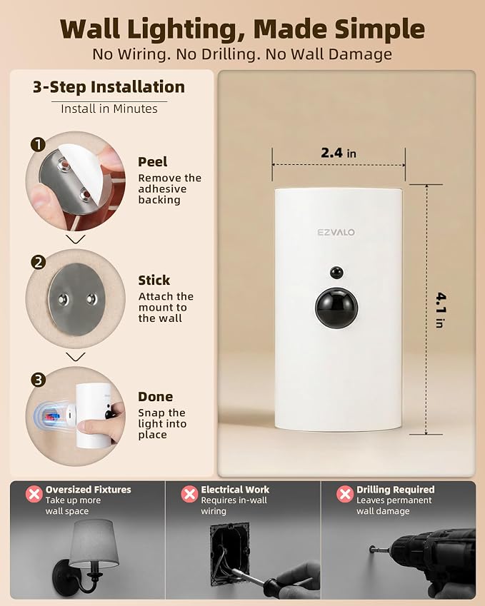 EZVALO Motion Sensor Wall Sconces, Battery Operated Wall Lights with 4000mAh Rechargeable Battery, 3 CCT & 12 RGB Color, Wireless Remote LED Lights for Hallway, Stairway (White, 4 Pack)