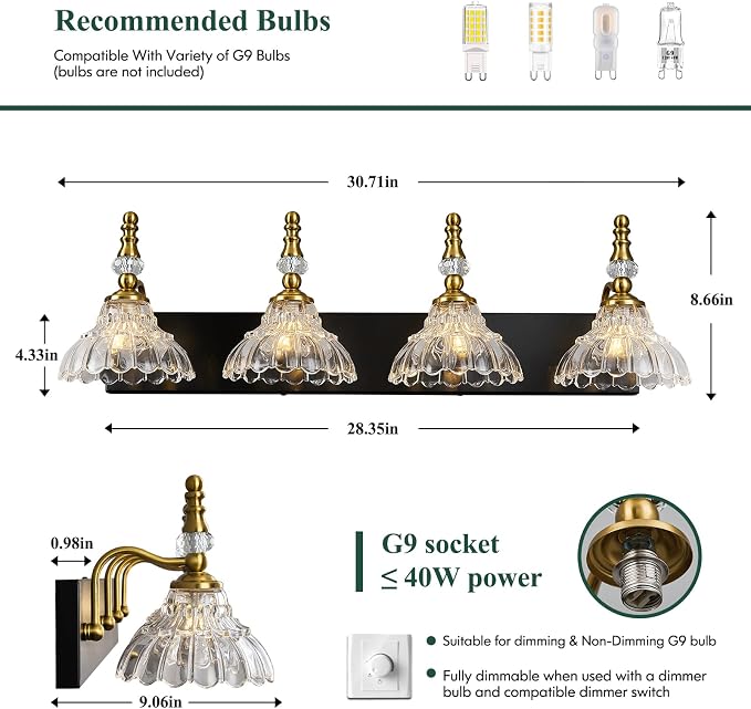 Vintage Bathroom Vanity Light, 4-Light Black Gold Vanity Lighting Fixture with Flower Glass Shade, Bathroom Lighting Fixtures Over Mirror