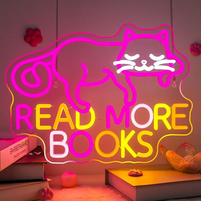 Cat Read More Books Neon Sign Led Light Dimmable LED Sign Bedroom Decor Neon Signs for Classroom Library Book Room Wall Decor Funny Gits for Children