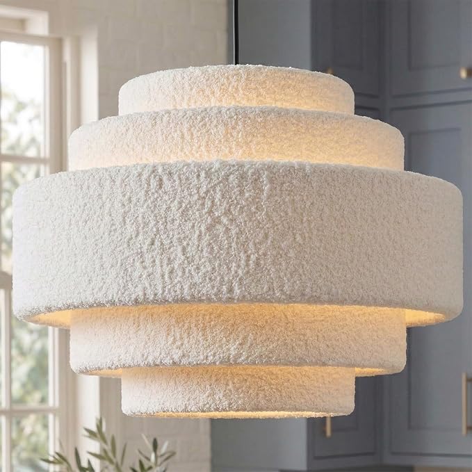 AUQUEE 5-Tier Coastal Chandelier, 13" Modern Boho Pendant Light Fixture with Soft Teddy Plush Shade, Adjustable Modern Drum Hanging Lamp for Bedroom/Nursery/Dining Room/Kitchen Island/Entryway,White