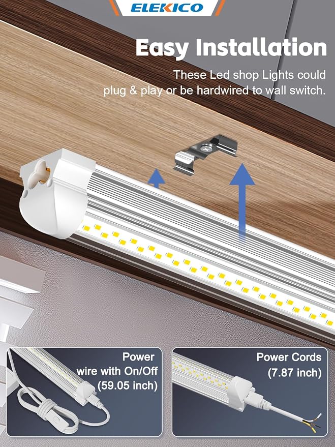 ELEKICO 4 Pack 2ft Led Shop Lights, 6000k 40w 5600lm 24 Inch Led Light Fixture Power Cord Wth on/Off Switch, Linkable 2ft Shop Light for Small Garage Ceiling Storage Area Workbench Basement Attic