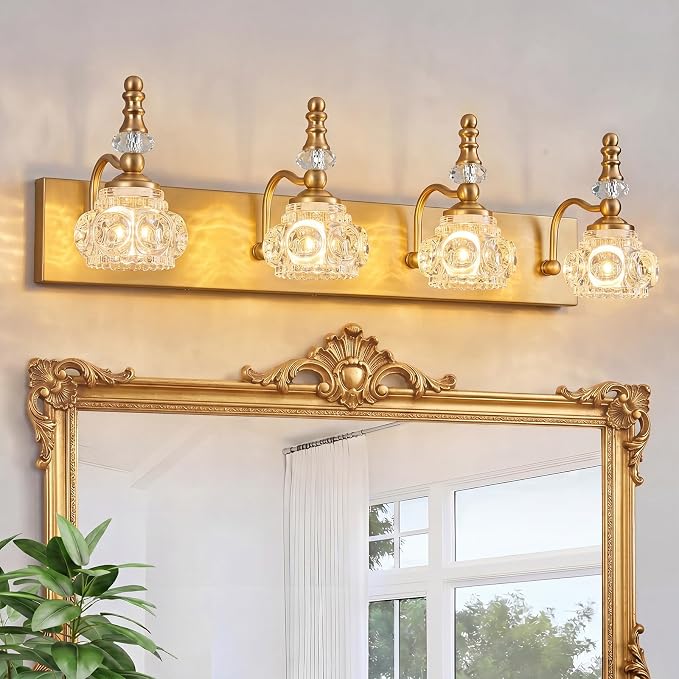 Modern Glass Crystal Vanity Light - Vintage Bathroom Lighting Fixtures Over Mirror, 4 Light Vanity Lights G9 Bulb (27.55 Inch,Brass)