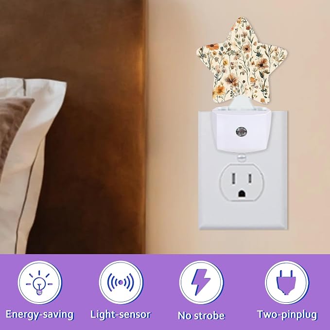 Rustic Wildflower Night Lights Plug Into Wall Decorative,Vintage Floral Sleep Friendly Lamp, Energy Efficient Dusk-to-Dawn Sensor Nightlights for Kid Bedroom Nursery Bathroom