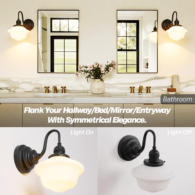 Vintage Wall Sconce Black Milk Glass Bathroom Vanity Light | 1 Pack,Bathroom Light Fixtures,Matte Black,Frosted Milk Glass,Hardwired Only,E26 Base,for Bathroom Mirror Hallway