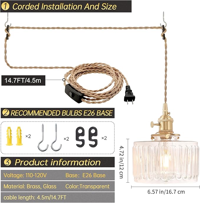 Plug in Pendant Light Hanging Light Fixtures with Plugin Cord On/Off Switch,Clear Striped Glass Lampshade Brass Pendant Light
