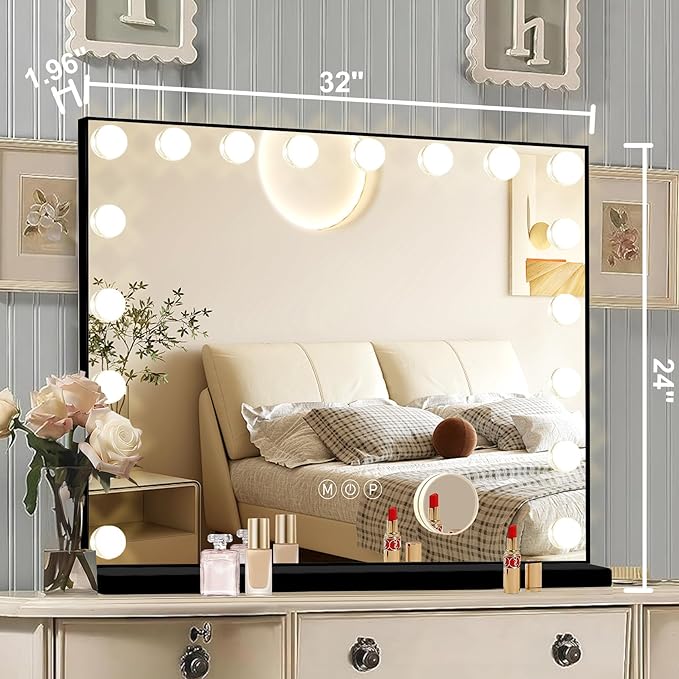 Black Hollywood Vanity Mirror with Lights, 18 Dimmable Bulbs, 3 Color Lights,Make Up Lighted Mirror, Aluminum Metal Frame, USB Charging Port（32" x 24"）