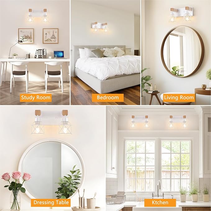 FadimiKoo 2-Light White Bathroom Light Fixtures, Wood Bathroom Vanity Lighting Fixtures Over Mirror, Rustic Sconces Wall Lighting with Elegant Metal Lampshade for Living Room, Bedroom, Hallway