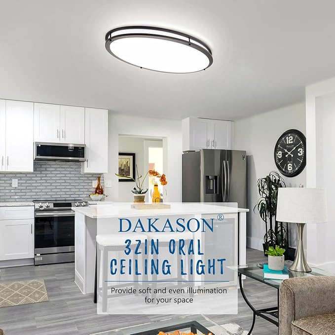 DAKASON 2Pack 32In Oval LED Flush Mount Ceiling Light for Kitchen, 50W Big Ceiling Light Fixture for Living Room, 3500K/4000K/5000K, Dimmable for Dining Room/Laundry/Hallway, Oil Rubbed Bronze