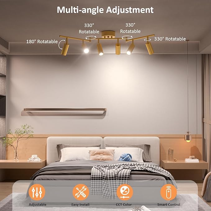 6 Light Heads Gold Track Lighting Kit, 36W CCT 2700K-6000K & Brightness Dimming, Modern LED Ceiling Light Fixture with Flexible Rotatable Heads, APP/Remote/Alexa Control, Gold Kitchen Light Fixture