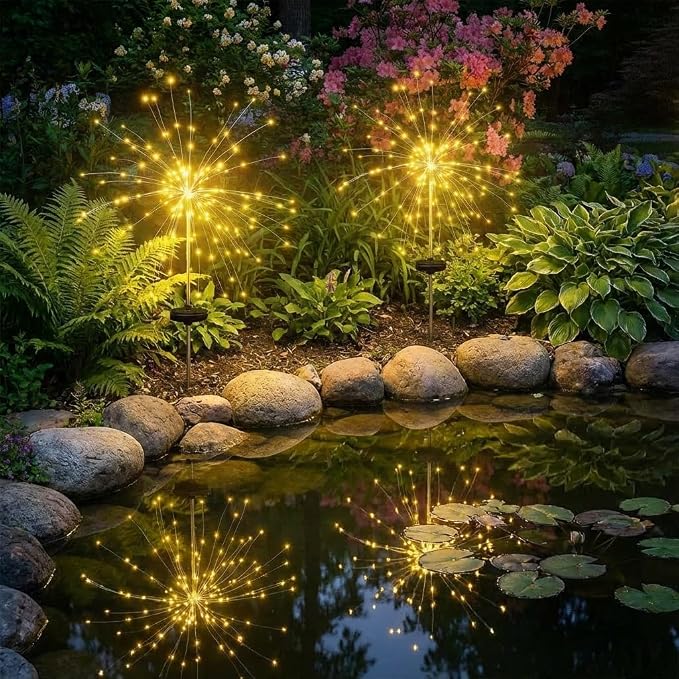 6-Pack Solar Firework Lights for Outside Waterproof Garden Fairy Lights | Adjustable 32"-51" tall, 200 LED stainless steel stake starburst lights with 8 modes for pathway patio decorations.