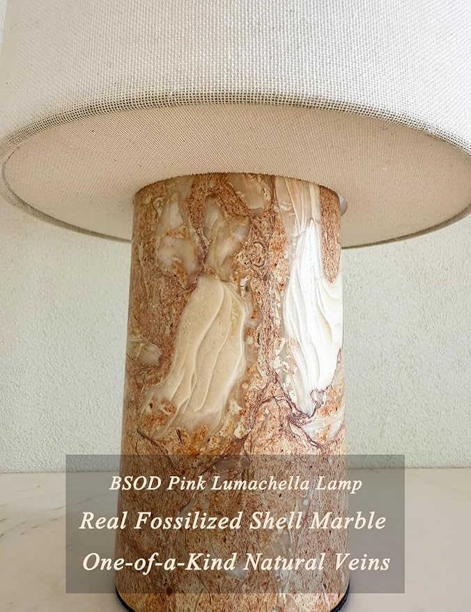 BSOD Pink Shell Marble Lamp Stone Lamps - Fossil Marble Table Bedside Cordless Luxury Cute Design Bedside Lamp for Home Decor, Bedroom, Living Room & Gifts (Rechargeable Pink Lumachella Lamp)
