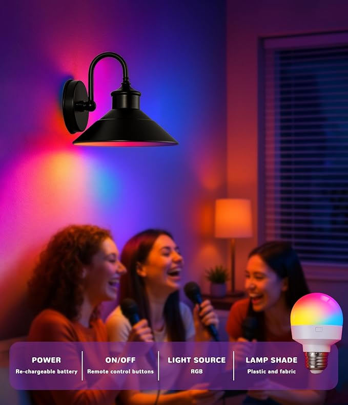 Rechargeable Battery Operated Wall Sconce Set of 2 – RGB Wireless LED Wall Sconces with 15 Colors & Dimmable Brightness, Remote Control & Bulbs Included – Wall Sconce Lighting for Bedroom, Farmhouse,