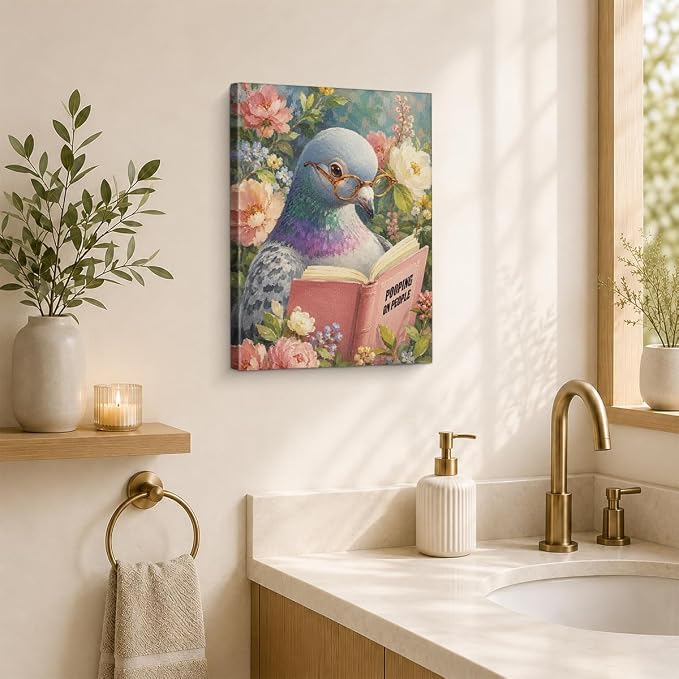 NSFBESSLIA Funny Reading Pigeon Painting, Whimsical Vintage Bird Decor, Pooping On People, Cottagecore Floral Wall Art for Living Room Bedroom Entryway, 8x10 Inch