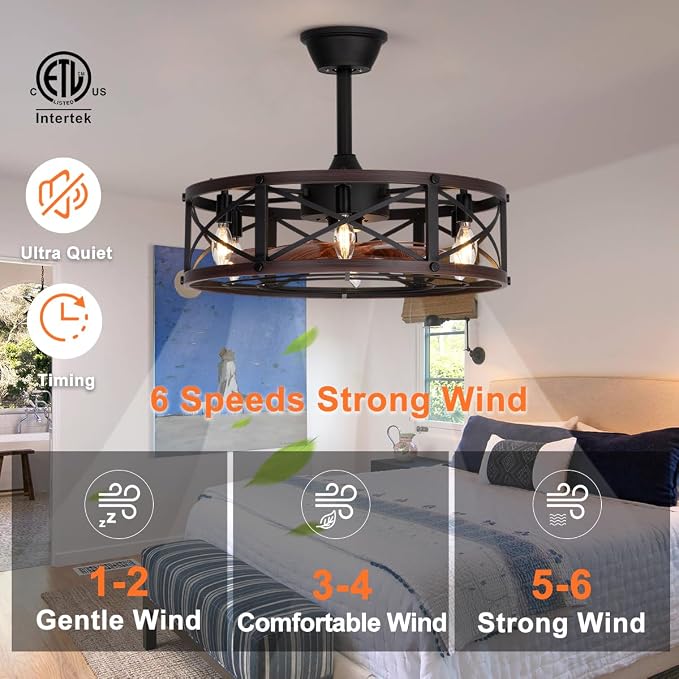 SHLUCE 22 Inch Farmhouse Caged Ceiling Fan with Light, Brown, ETL Listed | Rustic Fandelier Design, Remote Controlled, Quiet Operation, Energy Efficient, Ideal for Kitchen & Bedroom Indoor Use