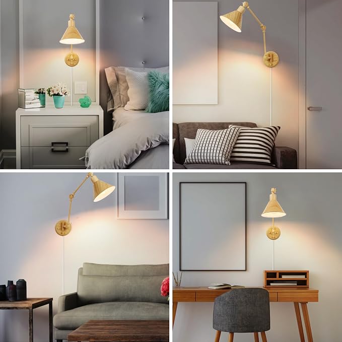 TRLIFE Dimmable Wall Sconce, Remote Control Plug in Wall Sconce Dimming 10%-100% and Adjustable Color Temperature 2700K-6000K, Swing Arm Wall Lights with Plug in Cord, UL Listed(2 Pack, Oak Color)
