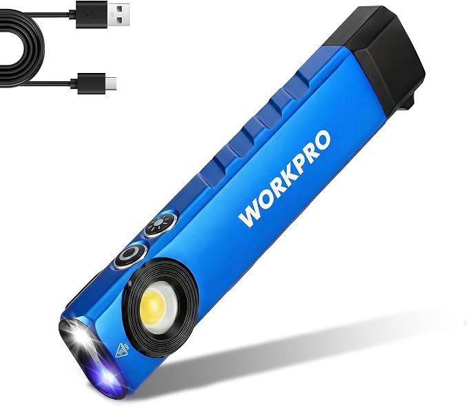 WORKPRO Rechargeable Pocket Flashlight, Magnetic EDC Light with UV, Blue | Compact, 600 Lumens LED & UV Light, 2 Magnetic Bases, Pocket Clip, 7 Modes, Garage, Repair & Emergency Use