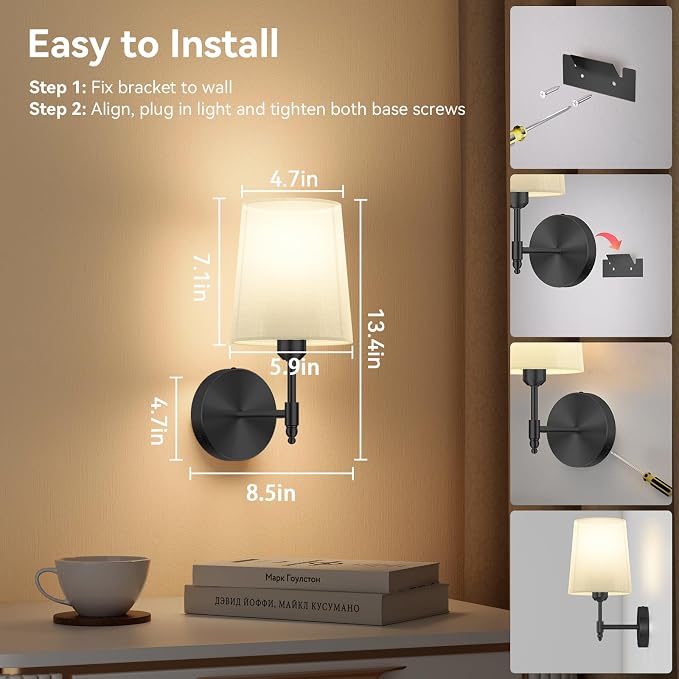 Battery Operated Wall Sconces Set of 2 with Remote Control, 15000mAh, Black | Wireless Rechargeable 3 Color Temperature Dimmable Magnetic Bulb Wall Light for Bedroom, Living Room, Hallway,13.4in