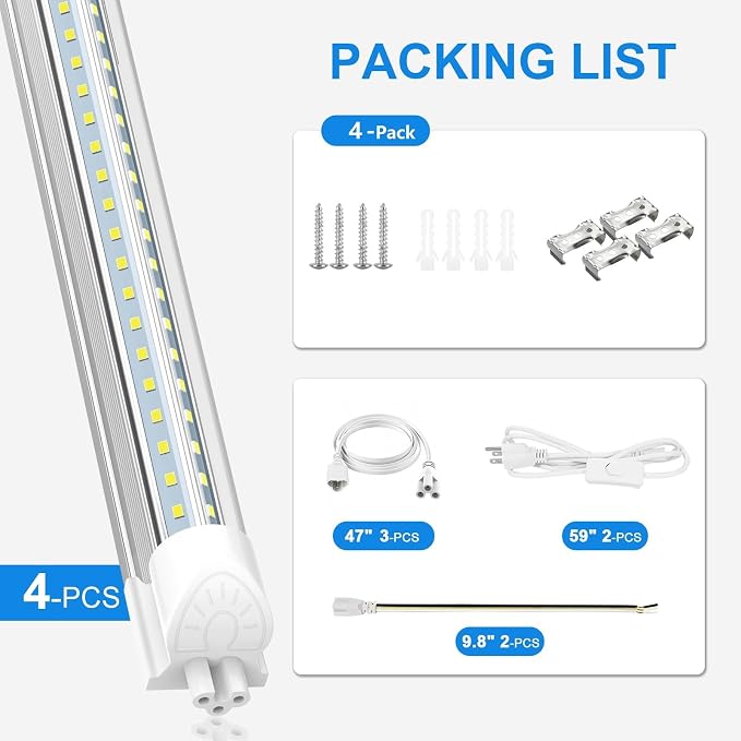 SHOPLED (4-Pack) LED Shop Lights, 6FT 60W 8000LM, 6000K V-Shape Linkable | LED Tube Ceiling Light, T8 Integrated Utility Shop Light Fixture for Garage Basement Office, Plug and Play, ETL Listed