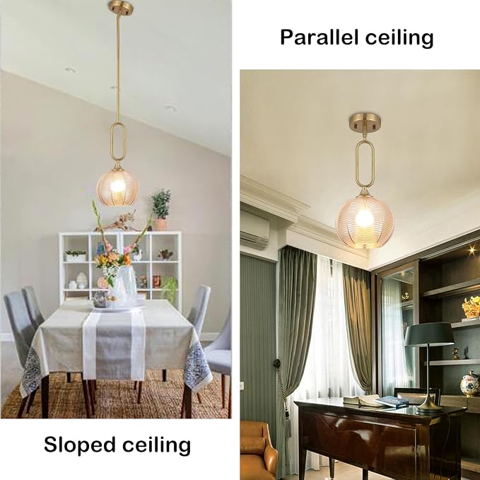 Amber Glass Pendant Light Set of 2 Modern Globe Pendant Lighting Nordic Ribbed Gold Ceiling Hanging Chandelier with Brushed Brass Adjustable Rods Dining Room Kitchen Island Light Fixture