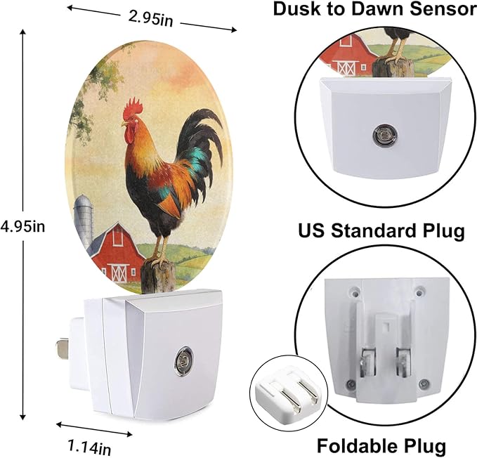 Golden Rooster Night Light Crowing Rooster on Fence Night Lights Plug into Wall for Boys Girls, Plug-in Nightlight 0.5W LED Lighting for Stairway Hallway Bedroom
