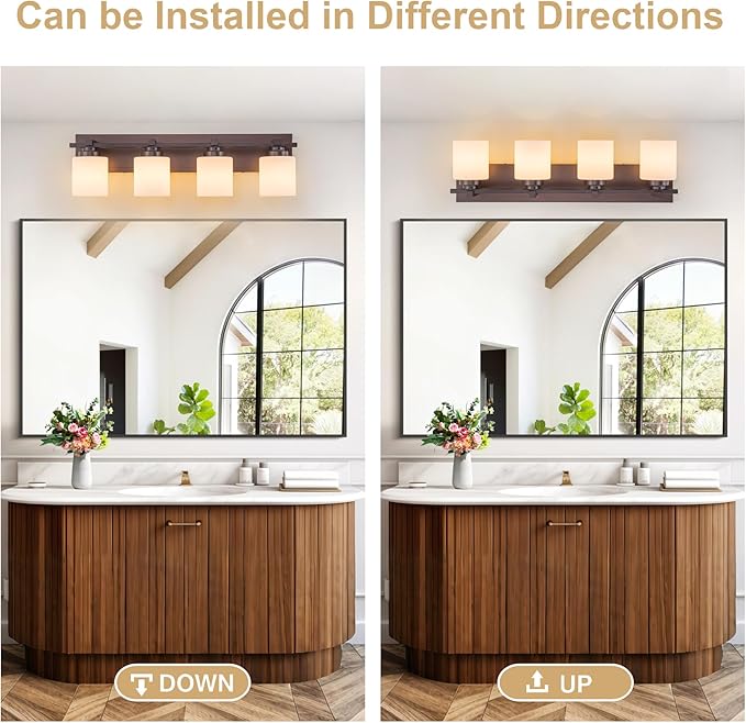 Modern Bathroom Light Fixtures Over Mirror, Vanity Lights for Bathroom Wall Sconces with Milky White Glass Shades, E26 Socket (Bulbs Not Included), 4 Light, Oil Rubbed Bronze