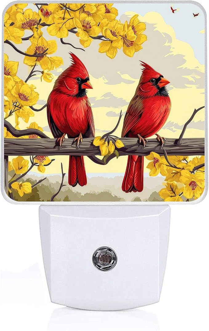 Red Cardinal Night Light, Plug-into Wall Yellow Flower Bird on Branch Nightlight Lamp with Dusk to Dawn Sensor, Led Lamp 0.5W Energy Efficient for Boys Girls Adults Home Decor