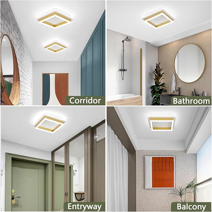 CANEOE 2 Packs Square Flush Mount Ceiling Light, 6000K Modern LED Ceiling Light Fixture, Minimalist Hallway Lighting Fixture Ceiling Lamp for Hallway Entryway Bedroom Balcony (Gold)