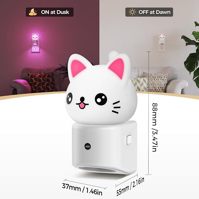 Night Light for Kids,3D Cute Cat Kids Night Light,Light Sensor | Dusk to Dawn Sensor,RGB+Soft White 3000K Plug in Night Light for Kids Room Decor,Birthday Gift,Nightlight for Kids