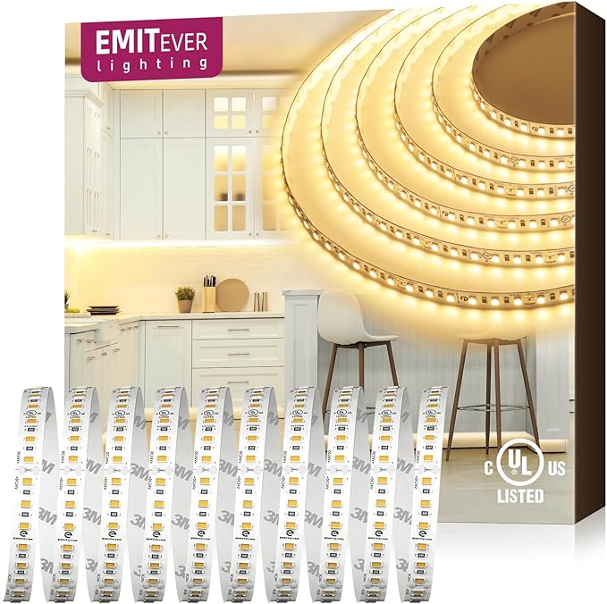 EMITEVER Warm White LED Strip Light 3000K,32.8ft UL 24V Tape Light,1200LEDs | Ra 95+,IP30,2.9W/ft,240+Lumens/ft,5 Year Warranty(Power Supply Sold Separately)for bedroom,living room,kitchen