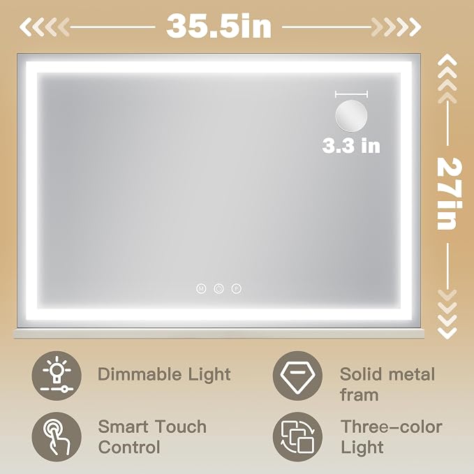 ROLOVE Large Vanity Mirror with Lights 35.5" x 27", LED Hollywood Makeup Mirror with USB Charging Port, 3 Color Modes, Dimmable Touch Control, 10X Magnification, Wall Mounted or Tabletop