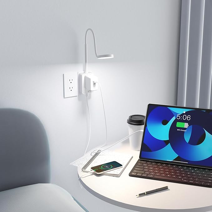 Plug in LED Bedroom Kitchen Wall Lamp, White Flexible LED Dimmable Reading Light with Power Plug Outlet Extender for Reading Books in Bed, 3 Lighting Colors, USB Output Charging Ports