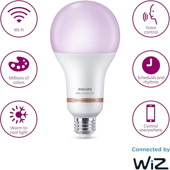 PHILIPS Smart 150W A23 LED Light Bulbs 4-Pack - Connects to Your Wi-Fi - E26- Control with Voice or App + Activate with Motion - Matter Compatible