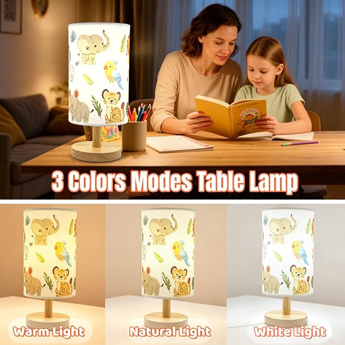 Kids Table Lamp-Night Light for Boys Room,3-Color LED Desk Lamp with Baby Elephant Zebra Giraffe Tiger Pattern Bedside Lamp Safari Animal Lampshade and Wood Base for Living Nursery Child Room Study