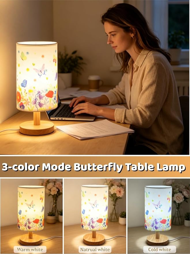 Butterfly Kids Table Lamp for Bedroom Girls Flower Bedside Lamps-3 Colors Nightstand Night Light with Butterfly&Flowers Lampshade Desk Lamp for Boy Girls Room Home Decor,Butterfly Gift for Girl