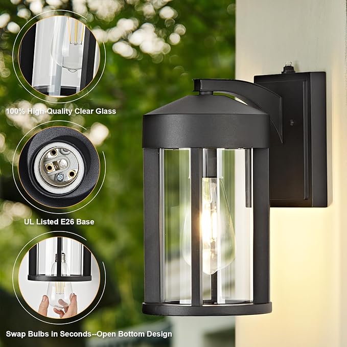 Dusk to Dawn Outdoor Lights Fixture Wall Mount–Modern Geometric Industrial Black Exterior Wall Sconce, Waterproof Anti-Rust Outside Porch Light for House Patio Entryway Garage (2 Pack)