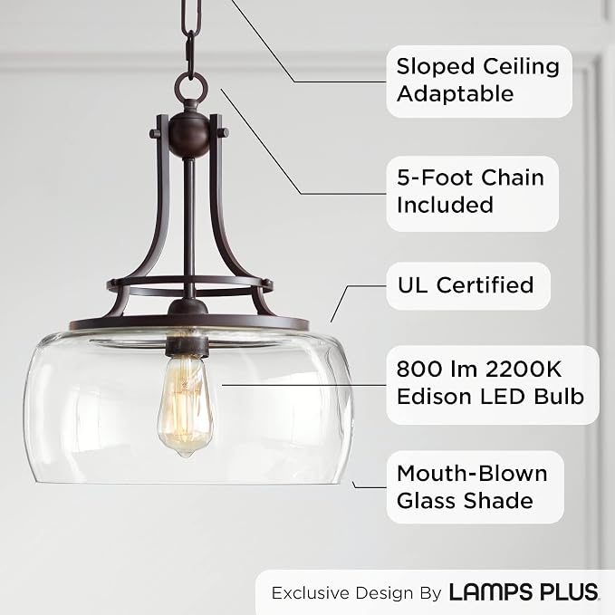 Charleston 13 1/2" Wide Clear Glass and Bronze Pendant Light Light Fixture | Brown Small Farmhouse Industrial Rustic Shade Dining Room House Bedroom Entryway Kitchen Island Hallway High Ceilings