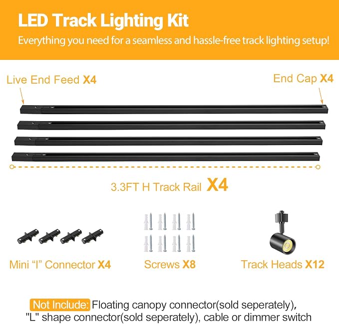 VANoopee 5-Color 12-Light LED Track Lighting Kit with 13FT Rails, 10W Black | H Type Track Lighting, LED Track Light Heads Dimmable Modern Kitchen Track Lighting Fixtures Ceiling Spotlight, CRI90+ 800lm