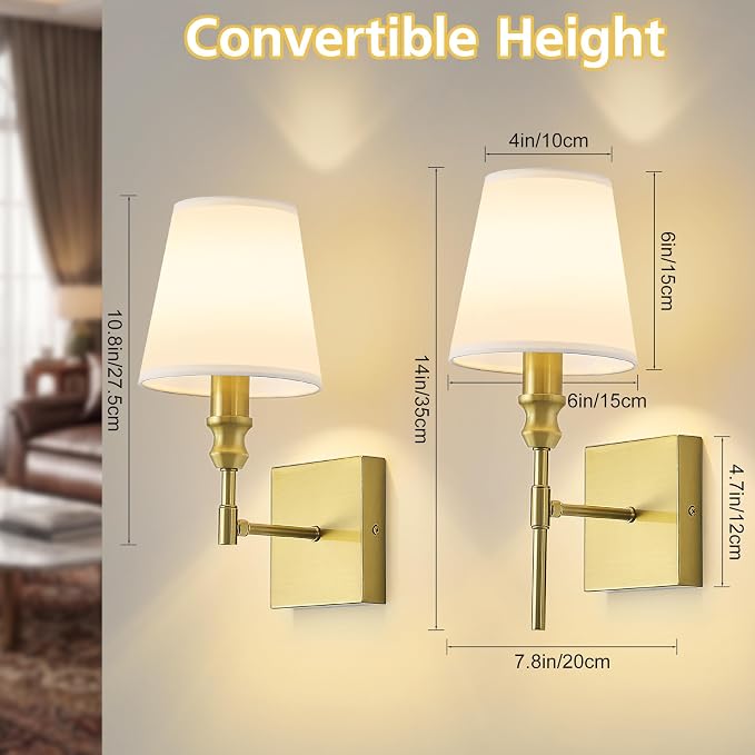 Hardwired Gold Wall Sconces Set of Two, Rustic Bathroom Vanity Lights with White Fabric Shades, Vintage Light Fixtures Convertible Height Wall Light for Living Room Bedroom,Farmhouse,E12 Base