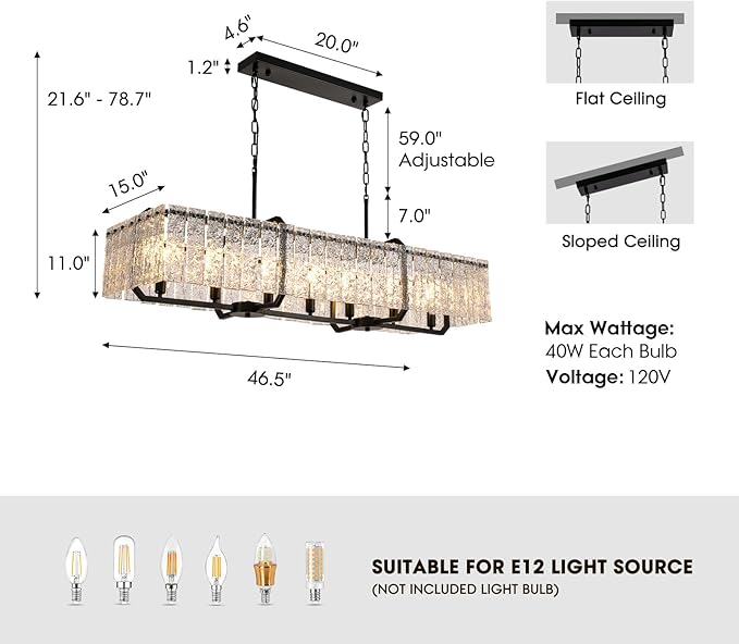 CROSSIO Rectangle Black Crystal Chandeliers for Dining Room, 47inch Large Rectangular Water Ripple Glass Island Light Fixture, Luxury Rectangular Chandelier for Kitchen Island Living Room