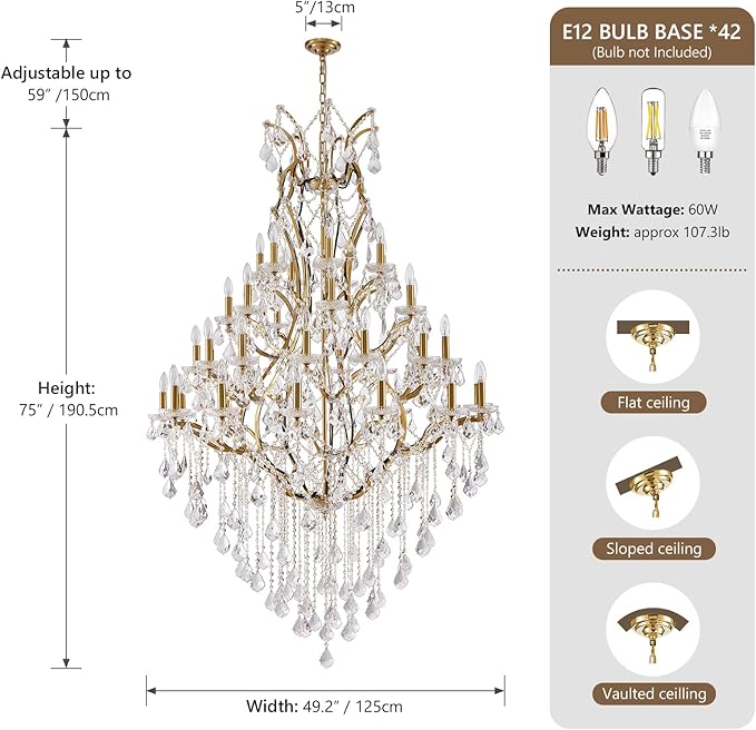 42 Lights Large Crystal Chandeliers for High Ceilings Brass Maria Theresa Chandelier Light Fixture Modern Chandelier for Foyer Hallway Entryway Staircase 75" H x 49.2" D