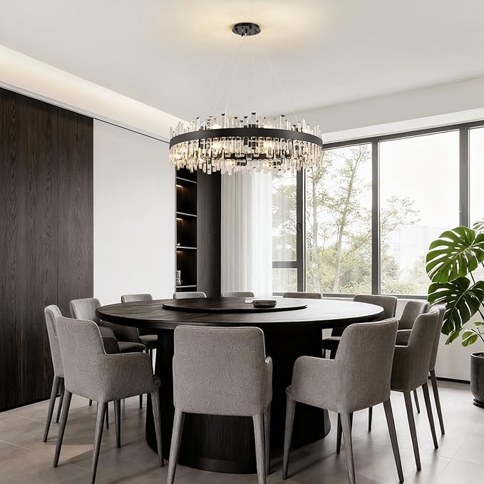 Siljoy Modern Crystal Chandelier Farmhouse Black Round 2-Tiers K9 Crystal Raindrop Chandelier Adjustable Flush Mount Crystal Ceiling Light for Dining Living Room Entryway Foyer E12x20, D39.4''